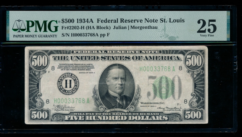 Fr. 2202-H 1934A $500  Federal Reserve Note Saint Louis PMG 25 comment H00033768A