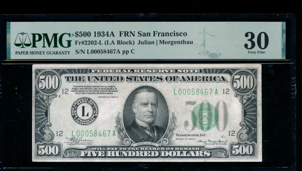 Fr. 2202-L 1934A $500  Federal Reserve Note San Francisco PMG 30 L00058467A