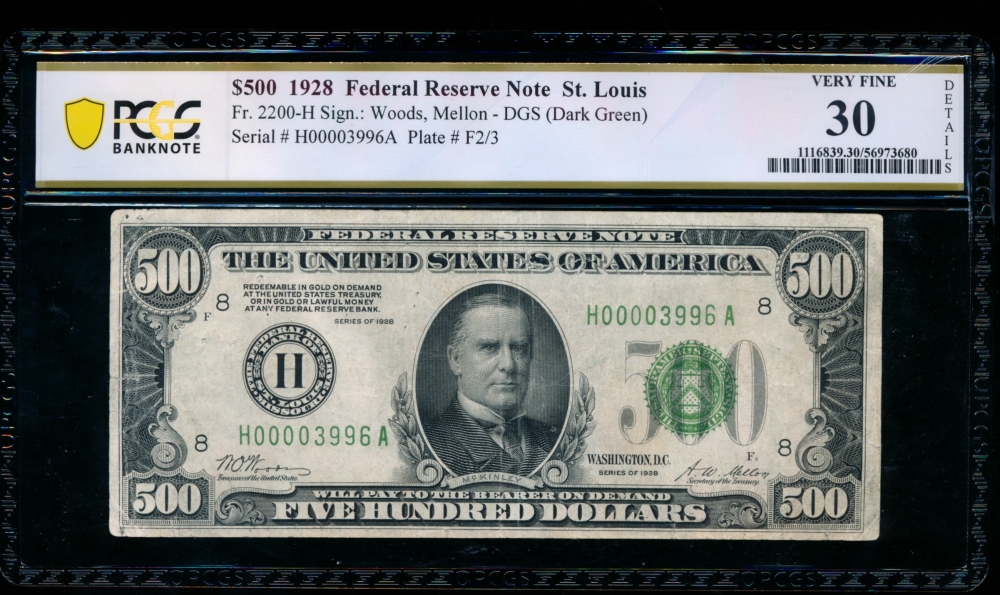 Fr. 2200-H 1928 $500  Federal Reserve Note Saint Louis PCGS 30 details H00003996A