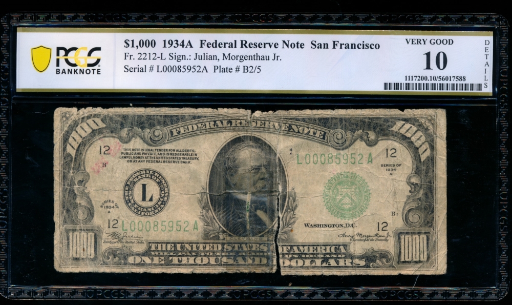 Fr. 2212-L 1934A $1,000  Federal Reserve Note San Francisco PCGS 10 details L00085952A