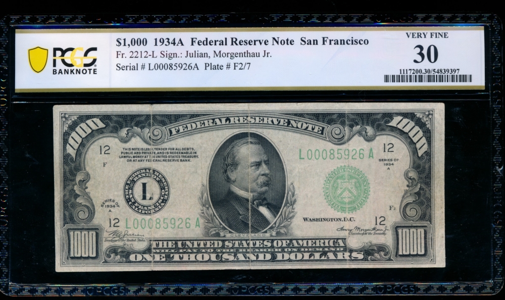 Fr. 2212-L 1934A $1,000  Federal Reserve Note San Francisco PCGS 30 L00085926A