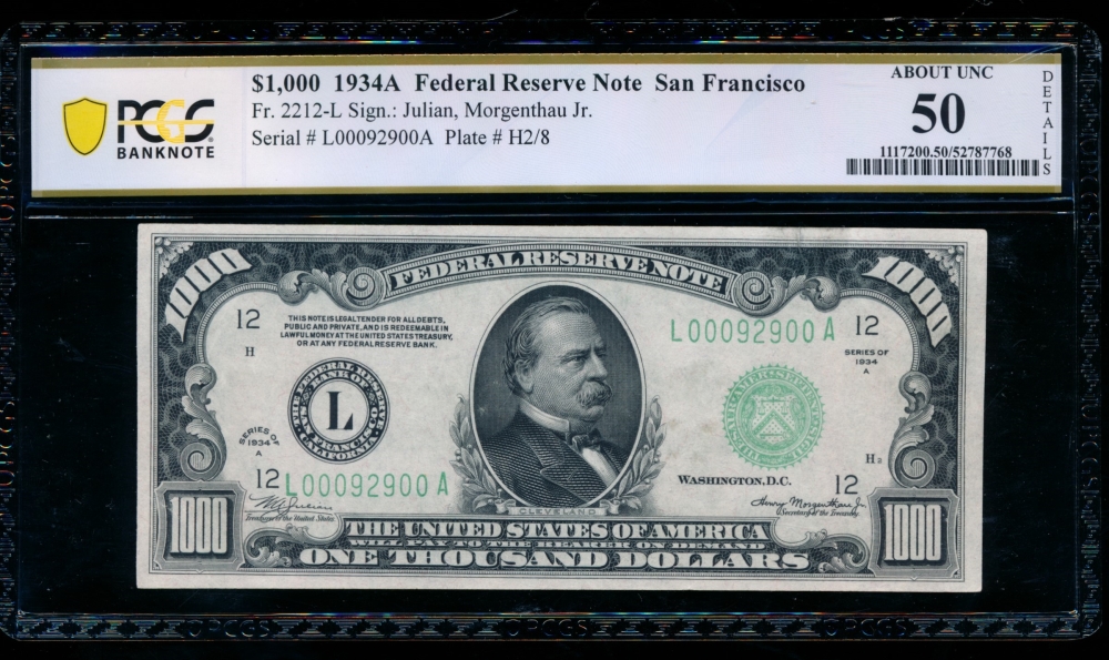 Fr. 2212-L 1934A $1,000  Federal Reserve Note San Francisco PCGS 50 details L00092900A