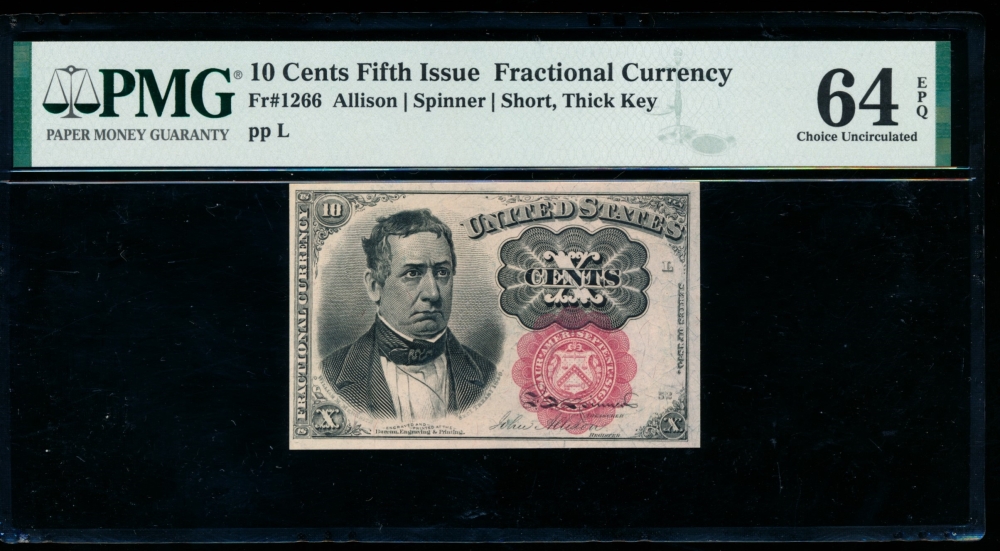 Fr. 1266  $0.10  Fractional Fifth Issue: Short, Thick Key PMG 64EPQ no serial number