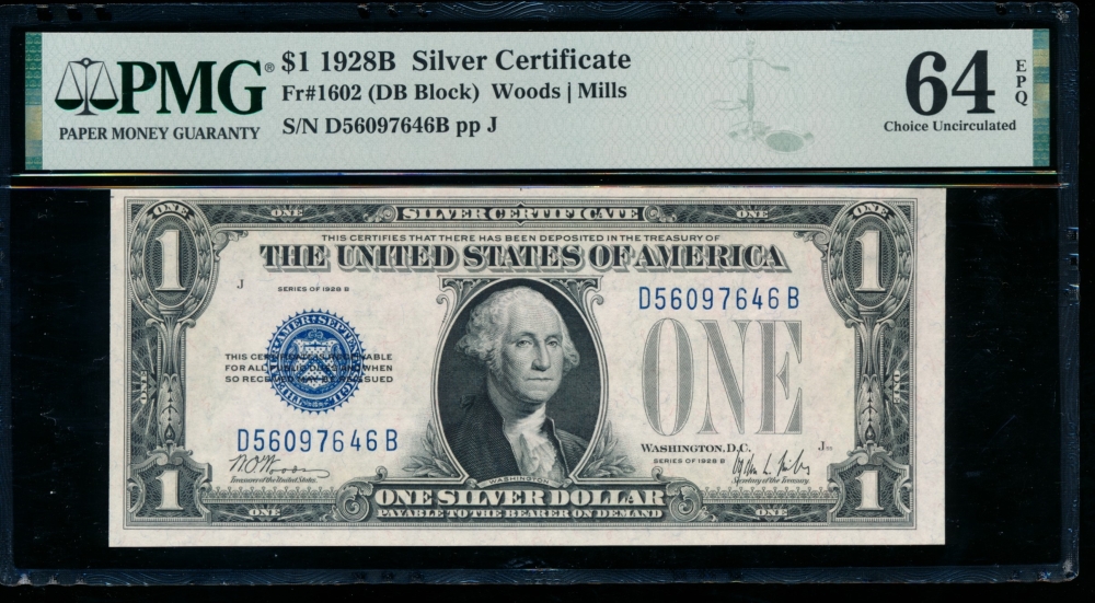 Fr. 1602 1928B $1  Silver Certificate DB block PMG 64EPQ D56097646A