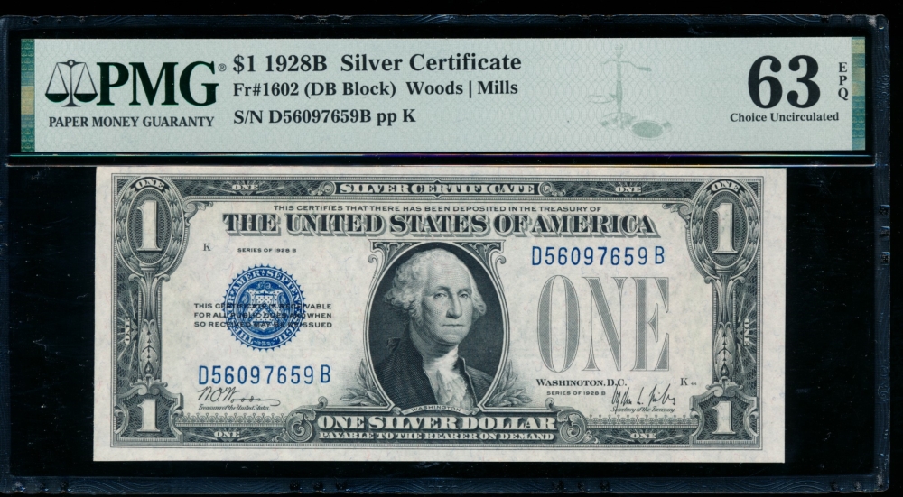 Fr. 1602 1928B $1  Silver Certificate DB block PMG 63EPQ D56097659B