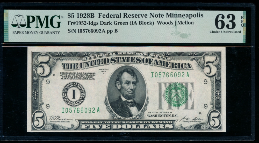 Fr. 1952-I 1928B $5  Federal Reserve Note Minneapolis PMG 63EPQ I05766092A
