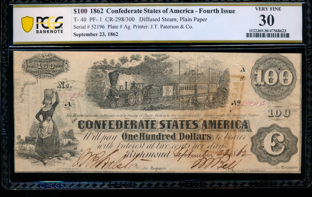 Fr. T-40 1862 $100  Confederate  PCGS 30 52196