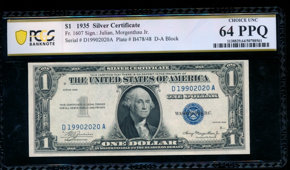 Fr. 1607 1935 $1  Silver Certificate DA block PCGS 64PPQ D19902020A