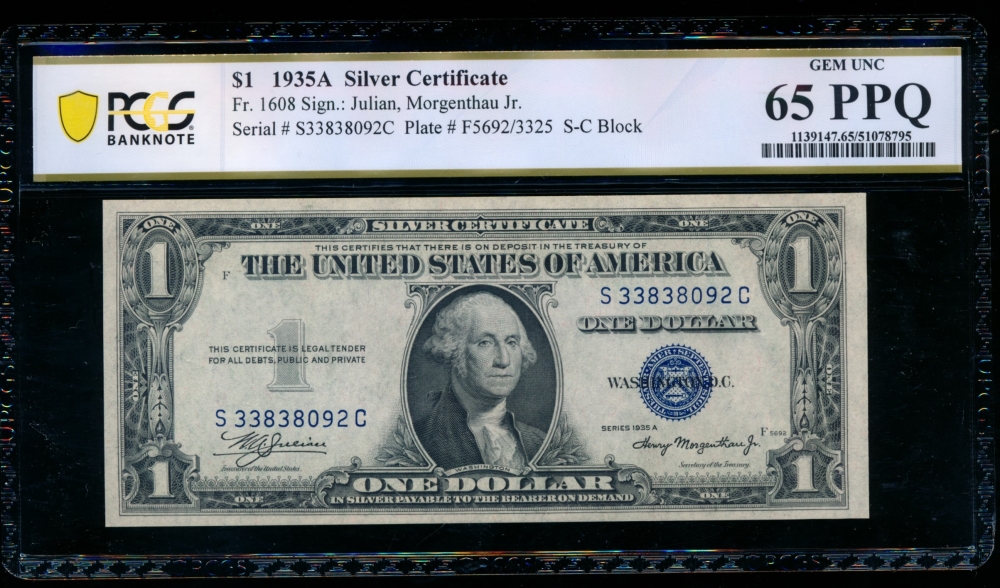 Fr. 1608 1935A $1  Silver Certificate SC block PCGS 65PPQ S33838092C