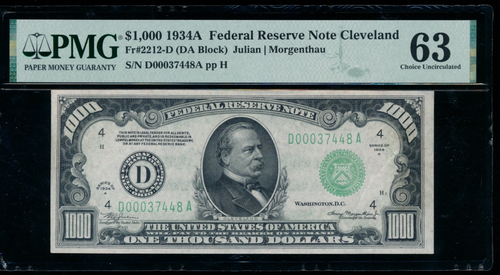 Fr. 2212-D 1934A $1,000  Federal Reserve Note Cleveland PMG 63 D00037448A