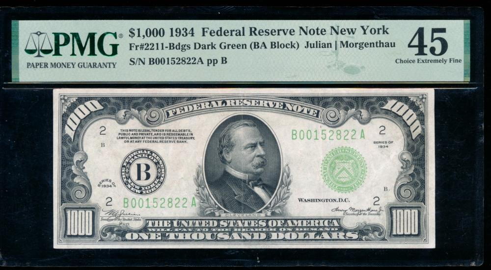 Fr. 2211-B 1934 $1,000  Federal Reserve Note New York PMG 45 comment B00152822A