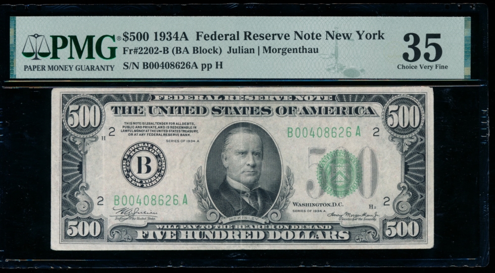 Fr. 2202-B 1934A $500  Federal Reserve Note New York PMG 35 B00408626A
