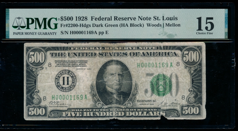 Fr. 2200-H 1928 $500  Federal Reserve Note Saint Louis PMG 15 comment H00001169A