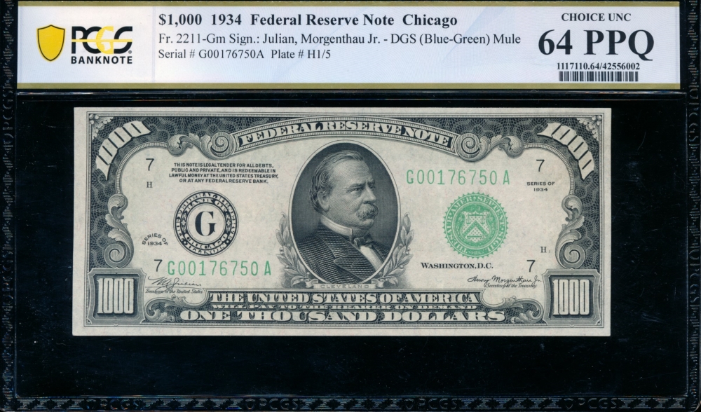 Fr. 2211-G 1934A $1,000  Federal Reserve Note Chicago PCGS 64PPQ G00176750A