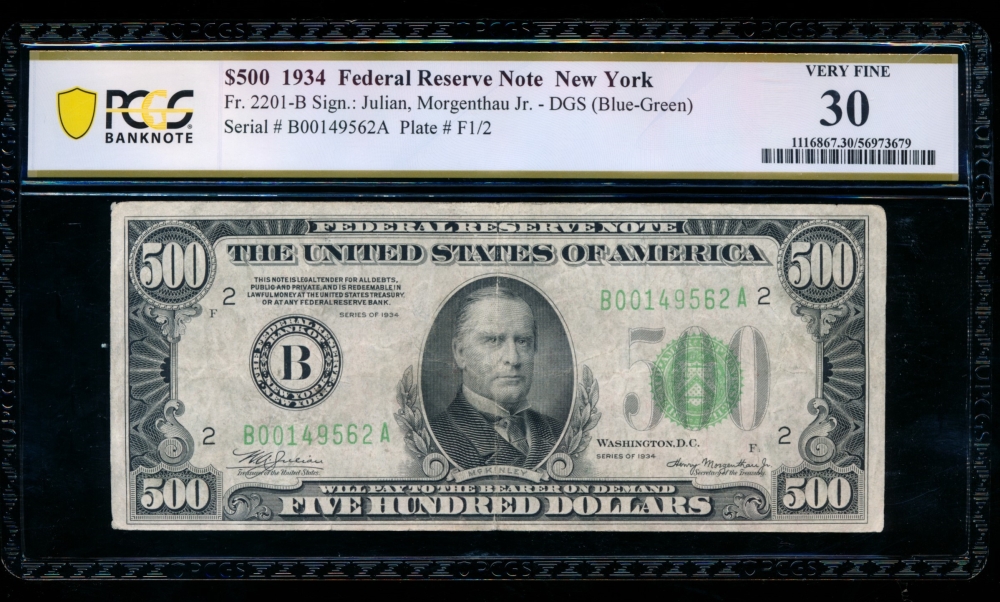 Fr. 2201-B 1934 $500  Federal Reserve Note New York PCGS 30 B00149562A