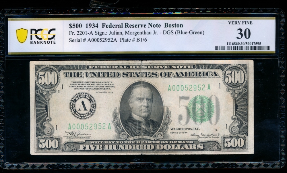 Fr. 2201-A 1934 $500  Federal Reserve Note Boston PCGS 30 A00052952A