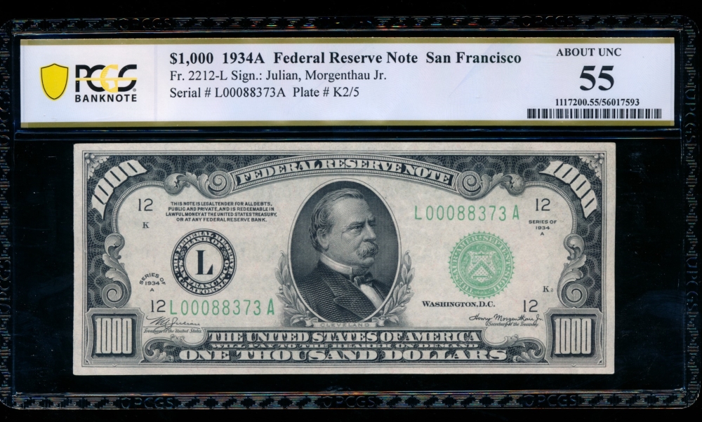 Fr. 2212-L 1934A $1,000  Federal Reserve Note San Francisco PCGS 55 L00088373A