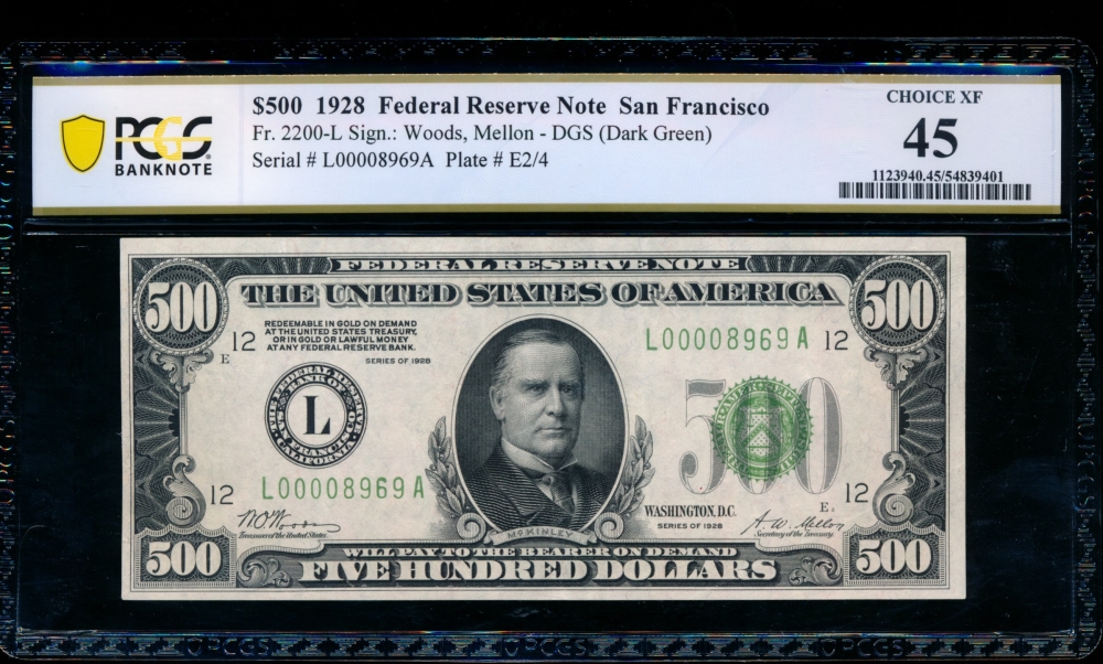 Fr. 2200-L 1928 $500  Federal Reserve Note San Francisco PCGS 45 L00008969A