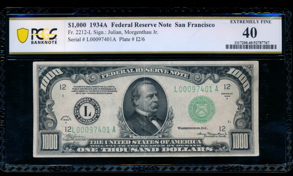 Fr. 2212-L 1934A $1,000  Federal Reserve Note San Francisco PCGS 40 comment L00097401A