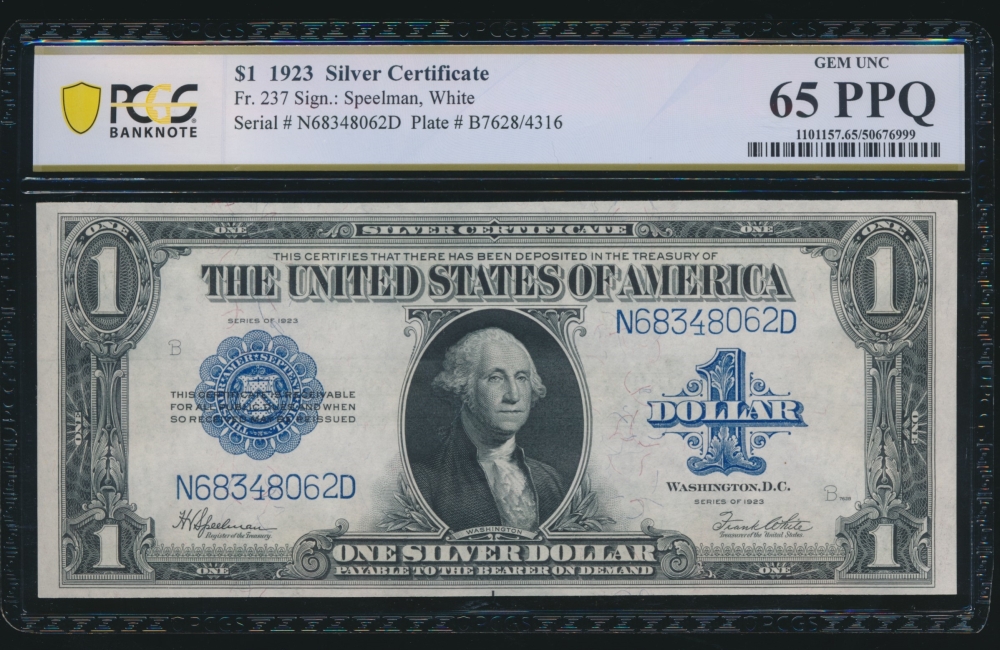 Fr. 237 1923 $1  Silver Certificate ND block PCGS 65PPQ N68348062D