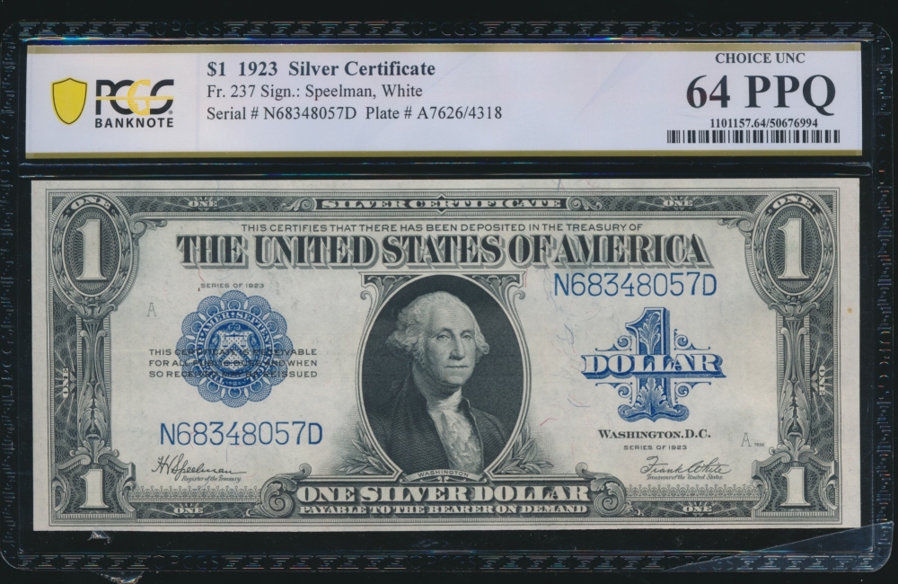 Fr. 237 1923 $1  Silver Certificate ND block PCGS 64PPQ N68348057D