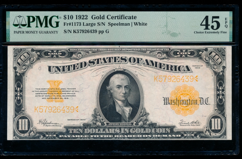 Fr. 1173 1922 $10  Gold Certificate  PMG 45EPQ K57926439