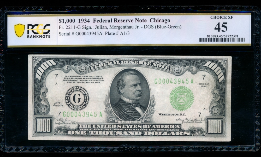 Fr. 2211-G 1934 $1,000  Federal Reserve Note Chicago PCGS 45 G00053945A