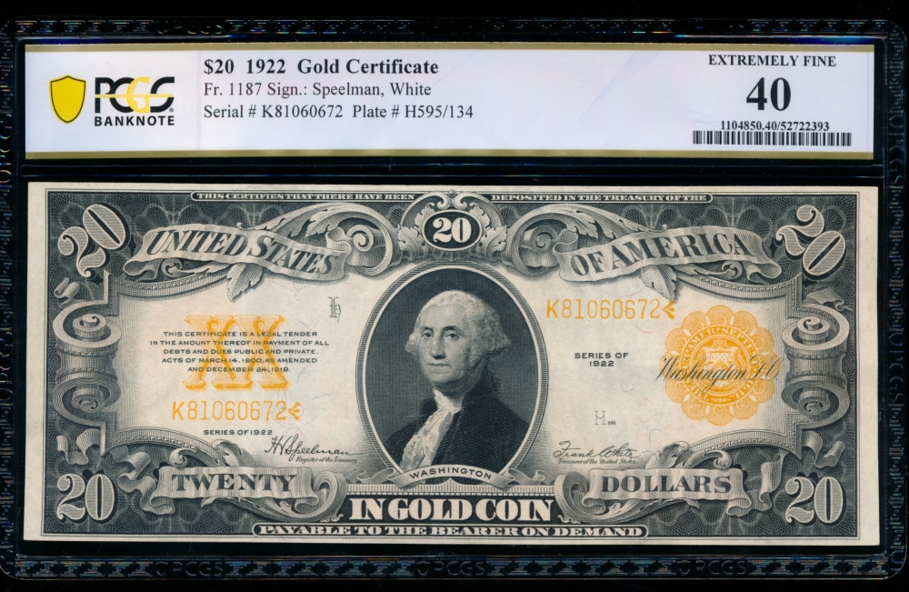 Fr. 1187 1922 $20  Gold Certificate  PCGS 40 K81060672