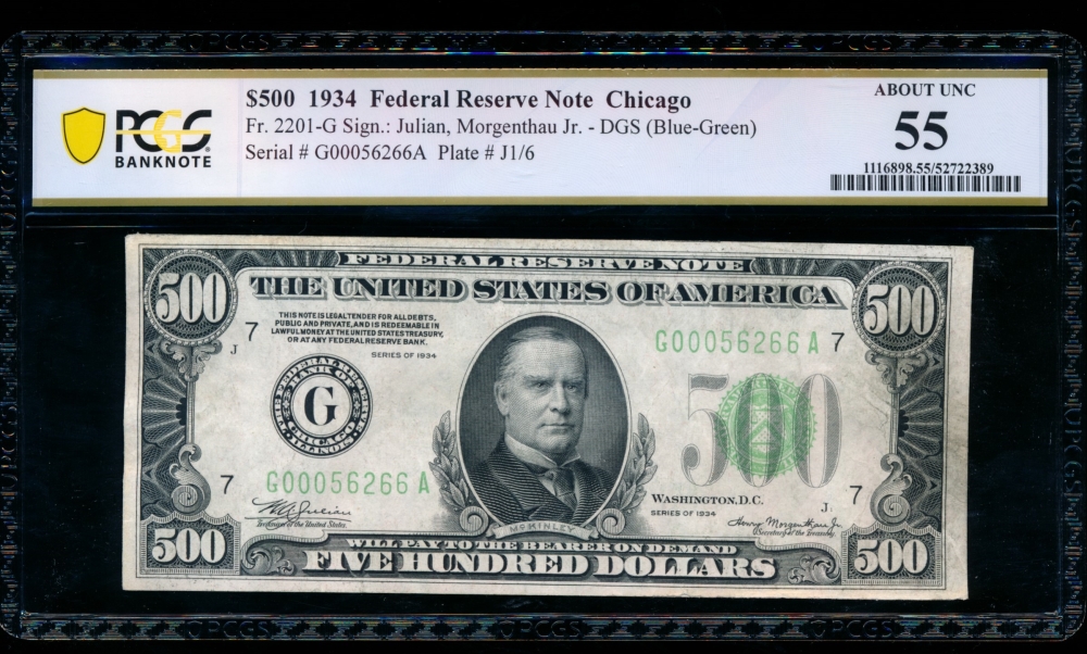 Fr. 2201-G 1934 $500  Federal Reserve Note Chicago PCGS 55 comment G00056266A