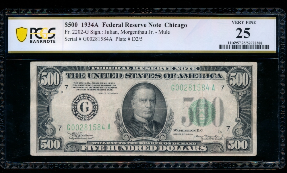 Fr. 2202-G 1934A $500  Federal Reserve Note Chicago PCGS 25 G00281584A