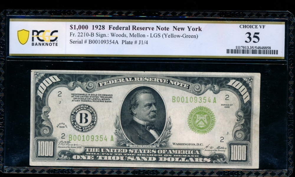 Fr. 2210-B 1928 $1,000  Federal Reserve Note New York LGS PCGS 35 B00109354A