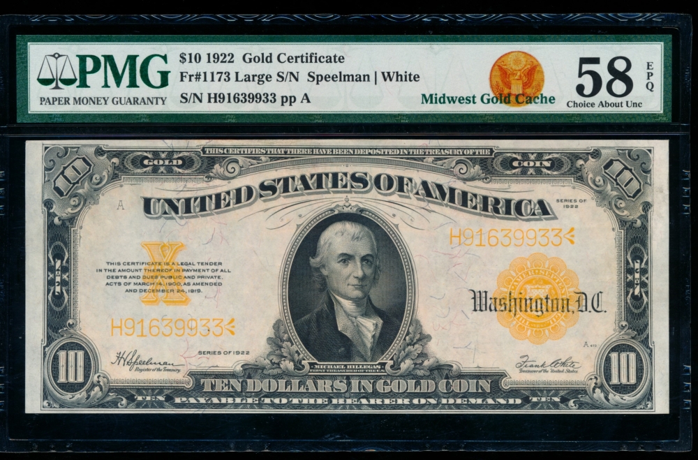 Fr. 1173 1922 $10  Gold Certificate  PMG 58EPQ H91639933