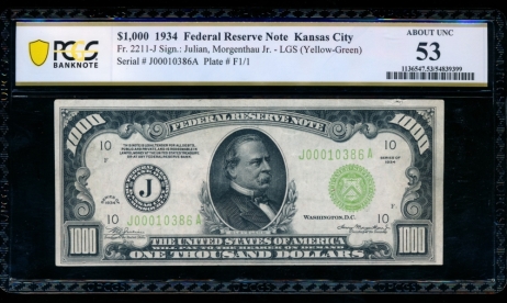 Fr. 2211-J 1934 $1,000  Federal Reserve Note Kansas City LGS PCGS 53 comment J00010386A