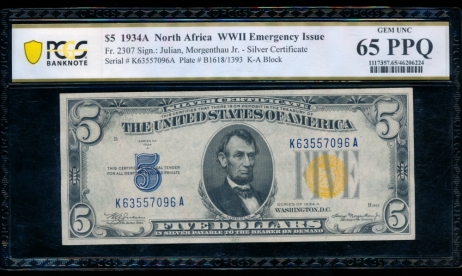 Fr. 2307 1934A $5  North Africa non-mule PCGS 65PPQ K63557096A