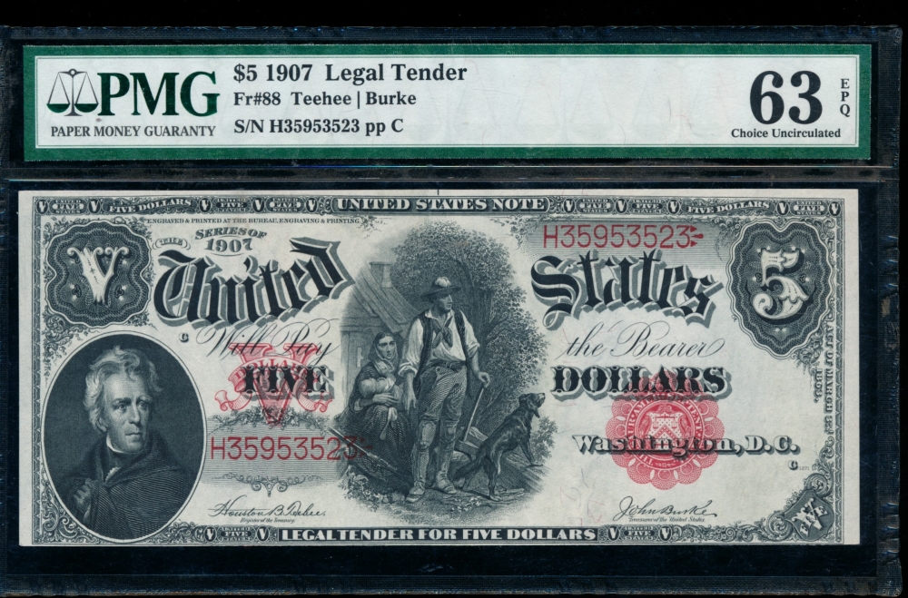 Fr. 88 1907 $5  Legal Tender  PMG 63EPQ H35953523