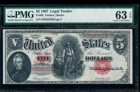 Fr. 88 1907 $5  Legal Tender  PMG 63EPQ H35953523