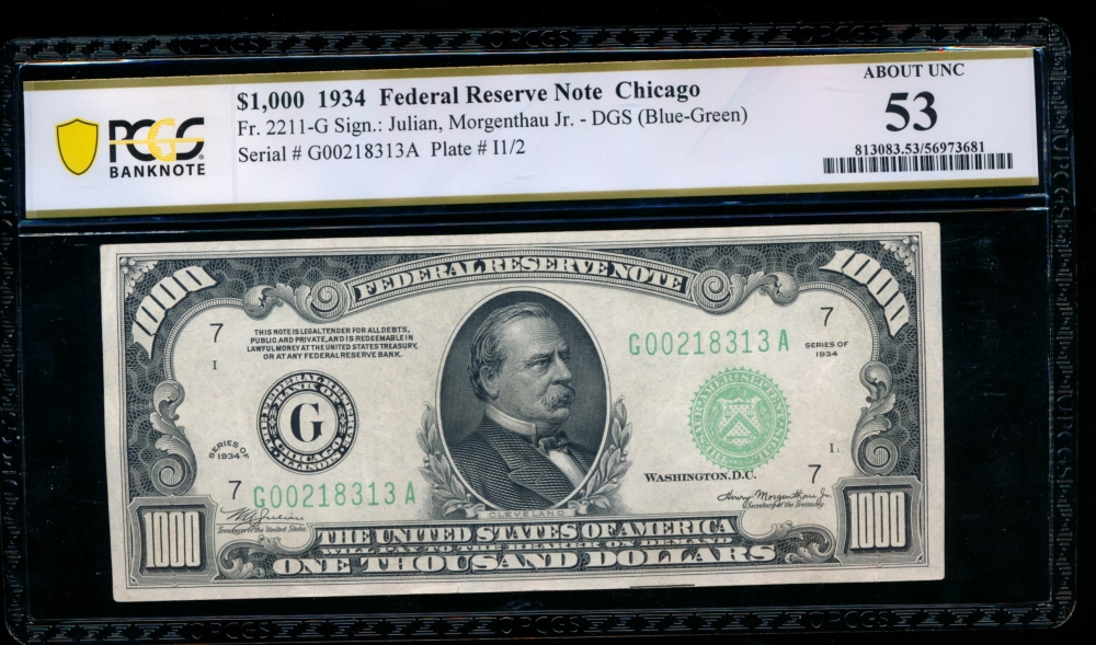 Fr. 2211-G 1934 $1,000  Federal Reserve Note Chicago PCGS 53 G00218313A