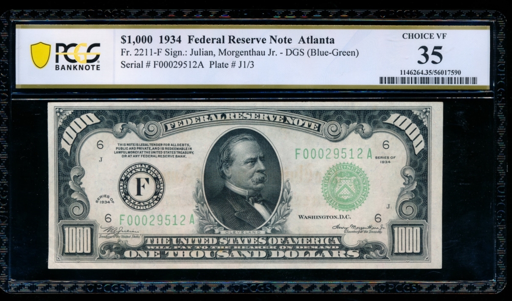 Fr. 2211-F 1934 $1,000  Federal Reserve Note Atlanta PCGS 35 comment F00029512A