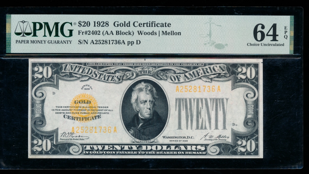 Fr. 2402 1928 $20  Gold Certificate  PMG 64EPQ A25281736A