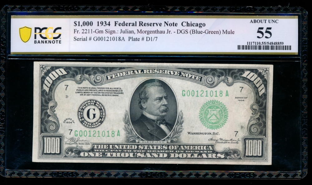 Fr. 2211-G 1934 $1,000  Federal Reserve Note Chicago PCGS 55 G00121018A