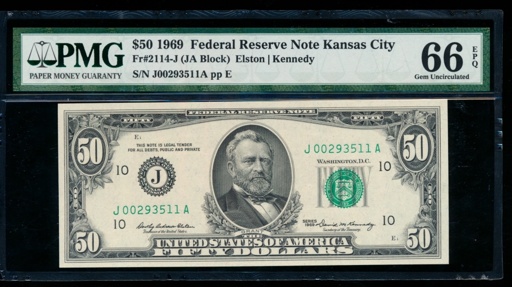 Fr. 2114-J 1969 $50  Federal Reserve Note Kansas City PMG 66EPQ J00293511A