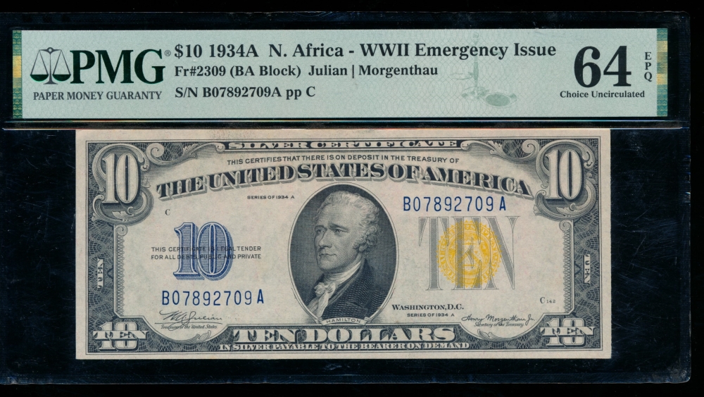 Fr. 2309 1934A $10  North Africa BA block PMG 64EPQ B07892709A