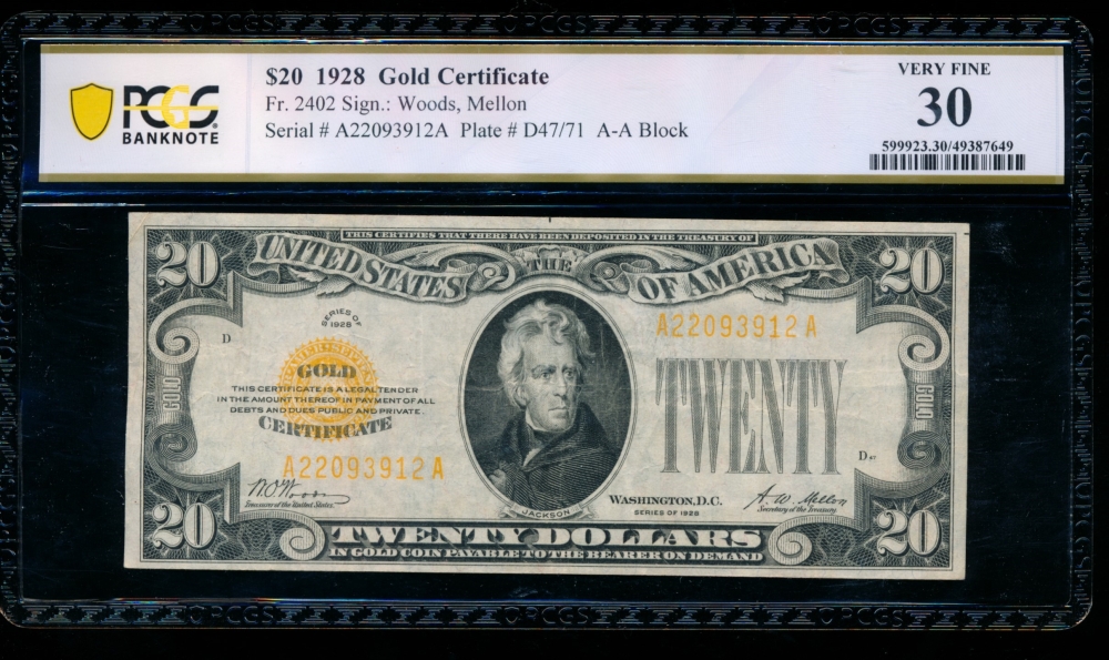 Fr. 2402 1928 $20  Gold Certificate  PCGS 30 A22093912A