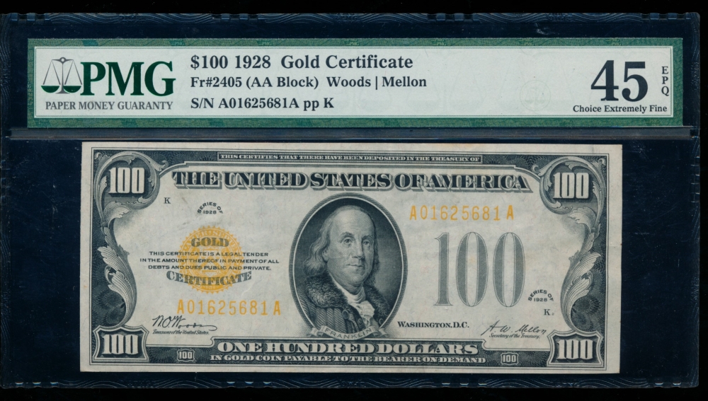 Fr. 2405 1928 $100  Gold Certificate  PMG 45EPQ A01625681A