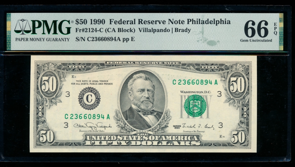 Fr. 2124-C 1990 $50  Federal Reserve Note Philadelphia PMG 66EPQ C23660894A