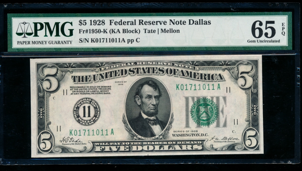 Fr. 1950-K 1928 $5  Federal Reserve Note Dallas PMG 65EPQ K01711011A