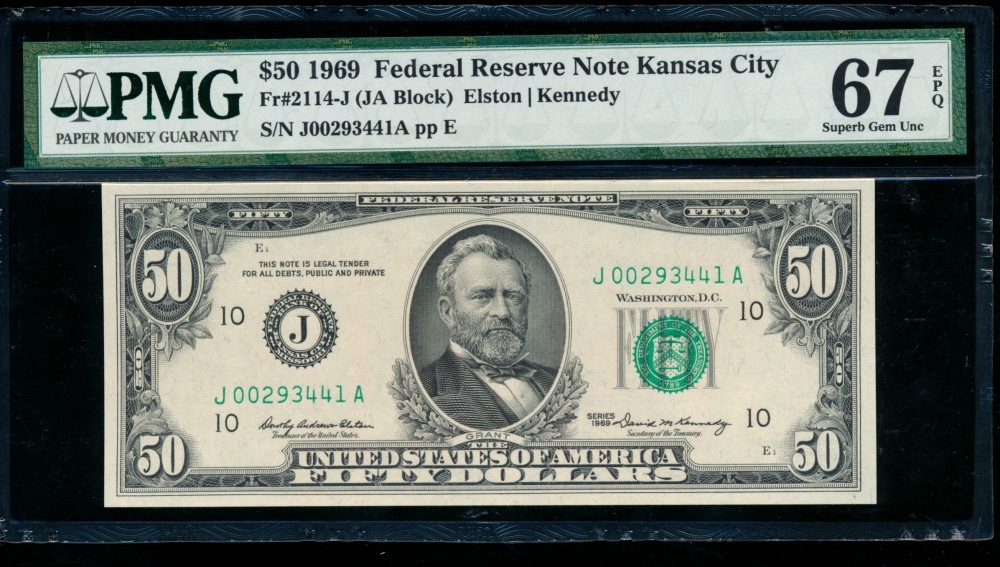 Fr. 2114-J 1969 $50  Federal Reserve Note Kansas City PMG 67EPQ J00293441A