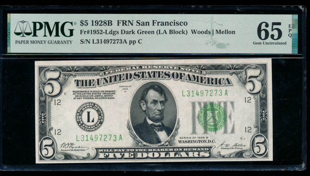 Fr. 1952-L 1928B $5  Federal Reserve Note San Francisco PMG 65EPQ L31497273A
