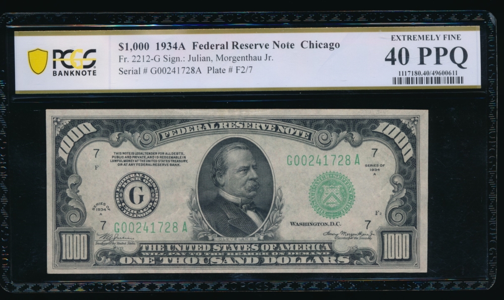 Fr. 2212-G 1934A $1,000  Federal Reserve Note Chicago PCGS 40PPQ G00241728A