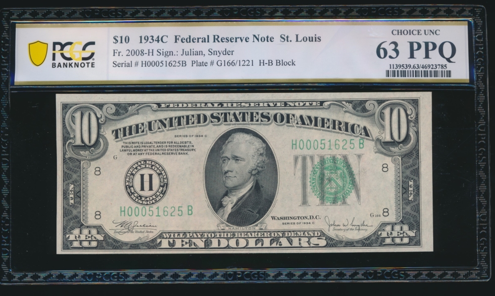 Fr. 2008-H 1934C $10  Federal Reserve Note Saint Louis PCGS 63PPQ H00051625B